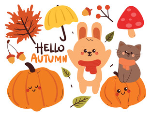 hand drawing cartoon autumn sticker set. cute sticker for autumn fall season, doodle set