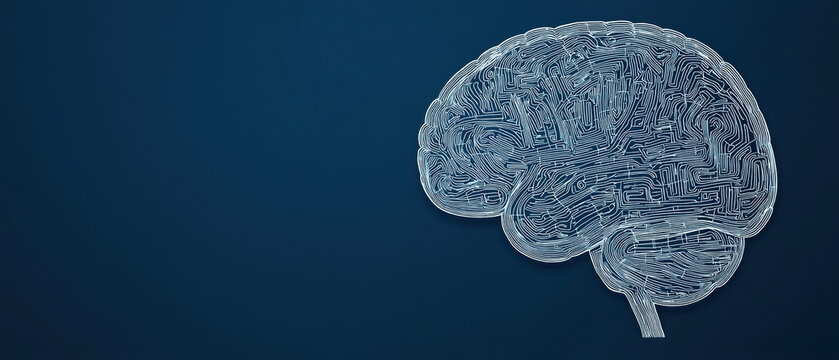 Human brain made of swirling digital lines and business icons, representing creative business ideas, idea brain, complex business thinking