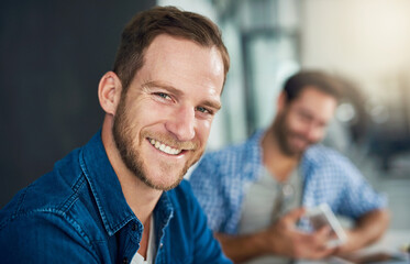 Fototapeta premium Creative, workshop and portrait of man in office with smile, confidence and collaboration in meeting. Teamwork, design and business people in conference room with solidarity, pride and opportunity