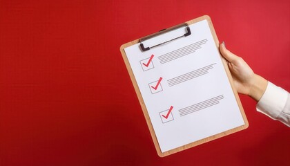 A hand holding a clipboard with checkmarks on a checklist, representing task completion against a vibrant red background.