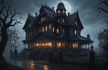 Obraz premium 3d render of halloween theme haunted house at night with big moon