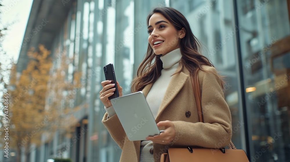 Poster a woman is talking on her cell phone while holding a laptop and a handbag she is smiling and she is 