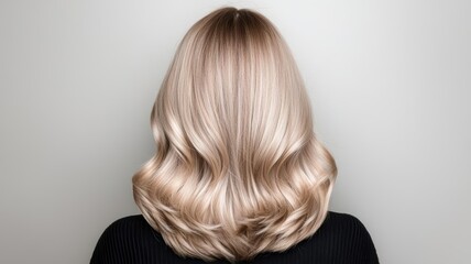 Fototapeta premium Stylish blonde hair with soft waves, showcasing modern hair trends in a minimalistic background.