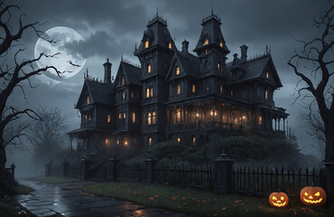 Obraz premium 3d render of halloween theme haunted house at night with big moon