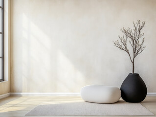 Zen interior design composition Japanese minimalist decor, natural lighting and ample copyspace. Relaxing room interiors composition