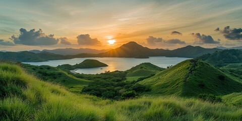 Naklejka premium Sunset over lush green islands and blue water.