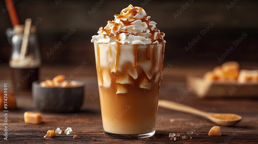 Poster iced caramel latte topped with whipped cream and caramel sauce refreshing and sweet coffee drink : g