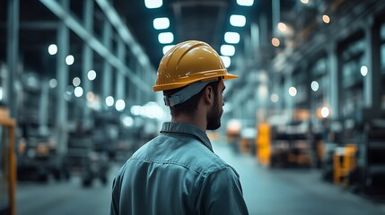 Blurred background Factory worker is indoors with hard hat : Generative AI
