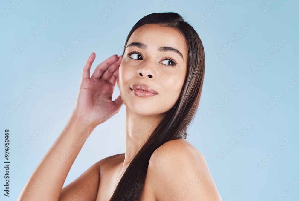 Canvas Prints woman, thinking and hair care in studio with cosmetics for growth, skin and makeup by blue backgroun