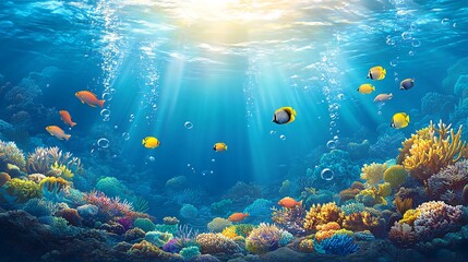 Underwater scene with colorful coral reef, fish, bubbles, and sunbeams.