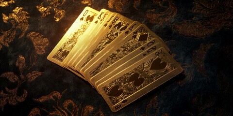 Fototapeta premium Golden playing cards on a dark background.