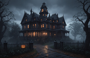 Obraz premium 3d render of halloween theme haunted house at night with big moon
