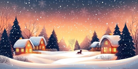 Naklejka premium A Dog Walking Through a Snowy Winter Village at Sunset