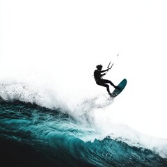 Kite surfer soaring in the air, dynamic action, vibrant ocean spray, soft lighting, isolated on white background