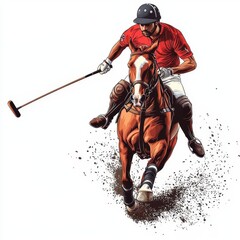 Polo player hitting the ball, fastpaced action, horse galloping, high detail, isolated on white background