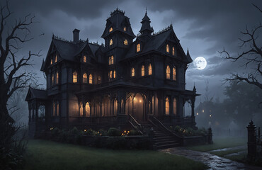 Obraz premium 3d render of halloween theme haunted house at night with big moon