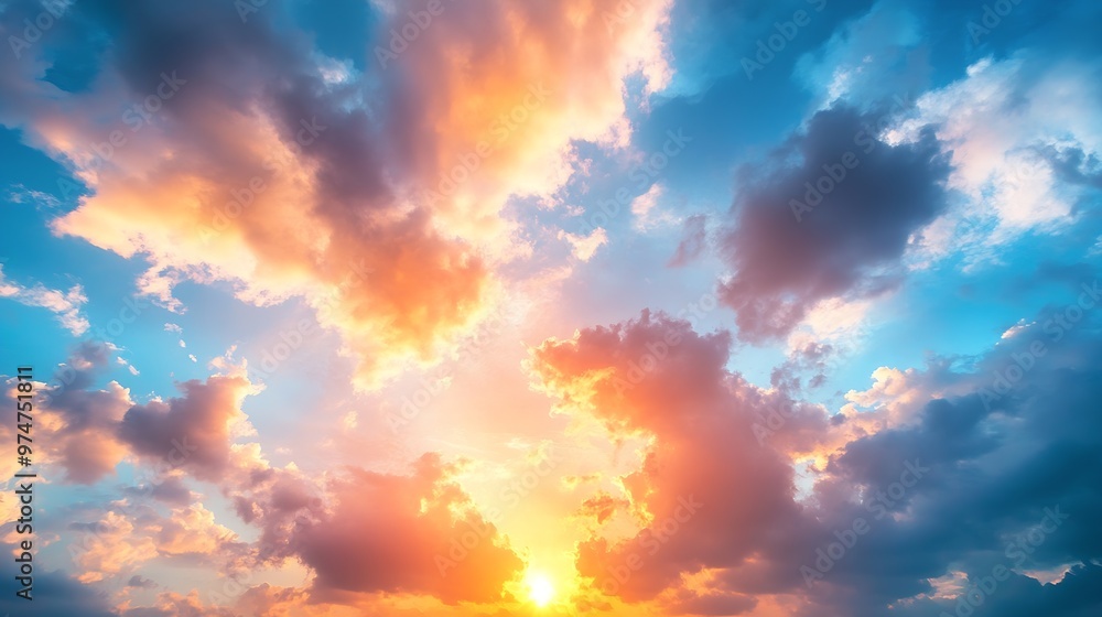 Aufkleber real majestic sunrise sundown sky background with gentle colorful clouds without birds panoramic big
