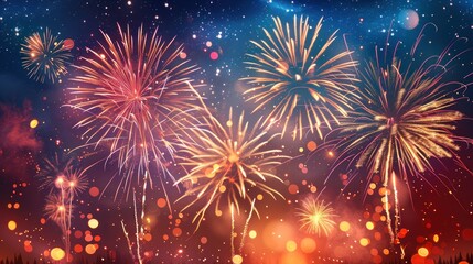 Fototapeta premium A Colorful Explosion of Fireworks Illuminating the Night Sky in a Spectacular Summer Festival Celebration