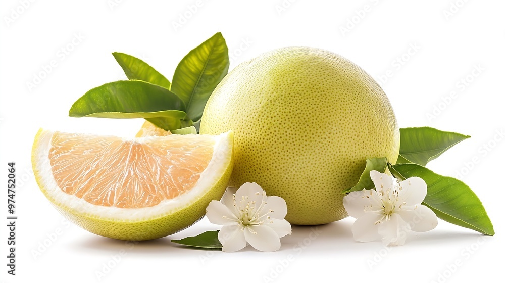 Poster isolated pomelo citrus fruit one whole pomelo and a peeled segment with leaves and flowers isolated 