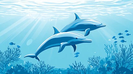 Fototapeta premium Two playful dolphins swim together in a vibrant coral reef.