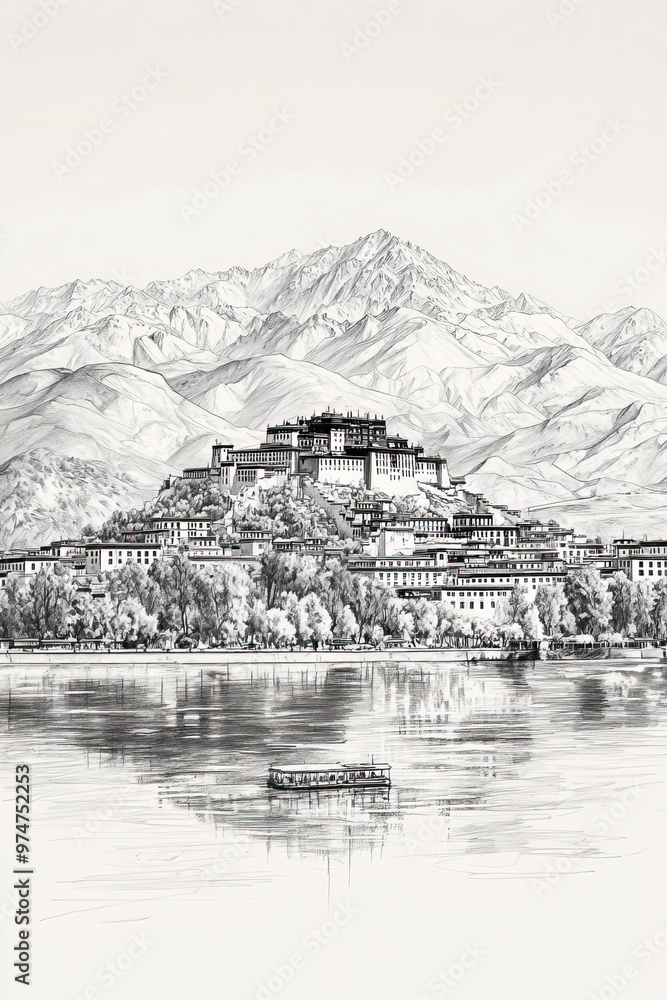 Wall mural Lhasa, China, black and white pen pencil hand-drawn effect portrait drawing illustration for travel poster, card, wallpaper, backdrop or banner. Modern, clear, artistic and simple