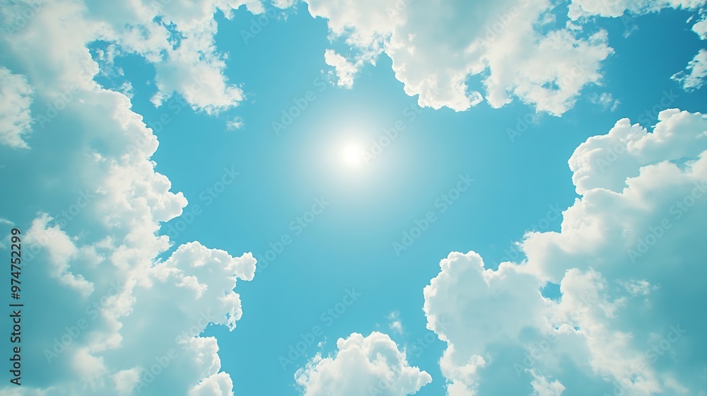 Poster bottom up view of blue sky with shining sun white fluffy clouds on a blue sky in spring season : gen