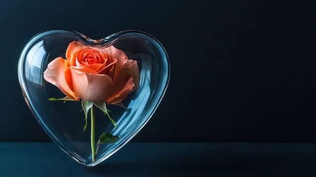 A clear glass heart floating with a single blooming rose, its petals glowing with inner light