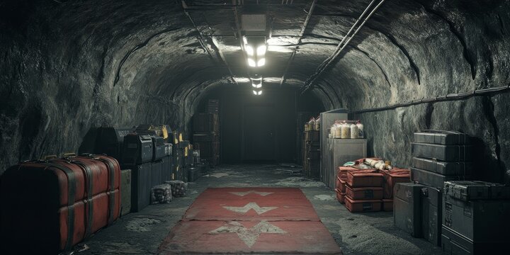 A dark, cavernous tunnel with stacked crates and a red