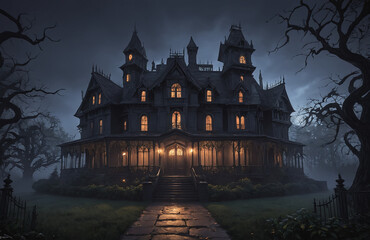 Obraz premium 3d render of halloween theme haunted house at night with big moon