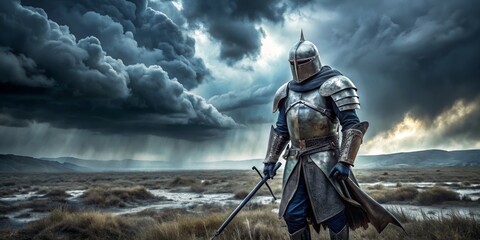 Naklejka premium A lone knight stands amidst a stormy landscape, his armor glinting under a dark sky, his sword held at the ready. 
