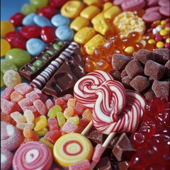 Candy – Overhead Shot of Colorful Candies Including Lollipops and Gummies on a Vibrant Background
