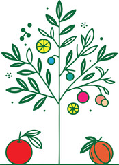 Minimalistic vector image of a tree with colorful fruits and leaves in a modern style