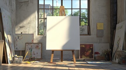 A bright artist's studio with an empty canvas on an easel, surrounded by colorful art supplies.