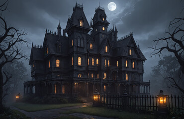 3d render of halloween theme haunted house at night with big moon