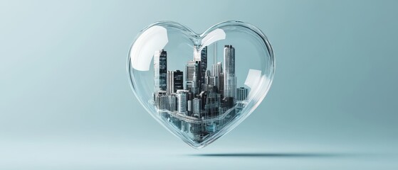 A floating clear glass heart, showing a virtual smart city powered by advanced AI systems