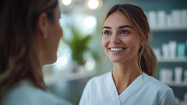Aesthetic clinic worker communicating with cheerful customer : Generative AI