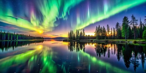 Aurora Borealis Reflected in a Still Lake, Landscape Photography, Northern Lights, Stars, Trees, Water Reflection, Aurora Borealis Photography