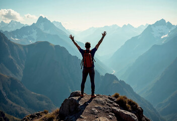 Fototapeta premium Man standing on a mountain peak with arms raised in celebration