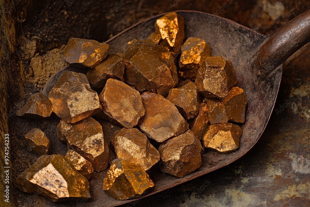 Poster close-up of gold nuggets in a scoop on a tabletop.