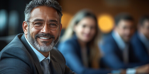 Obraz premium Smiling businessman in a suit looking directly at the camera.