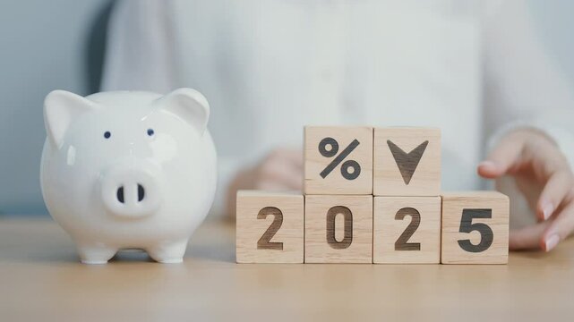 2025 New year with percentage change to UP and Down arrow with piggy. Interest rate, GDP, stocks market, financial, deflation and Inflation, mortgage, debt, Loan and Economic Recession