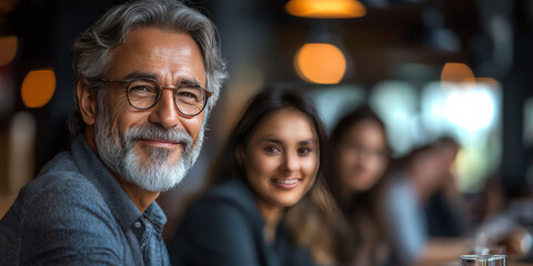 Obraz premium Smiling man with grey hair and beard looks at the camera while sitting at a table.