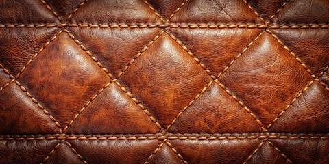 Naklejka premium Close-up of Brown Leather with Diamond Stitching, leather texture, brown leather, diamond stitching, upholstery fabric