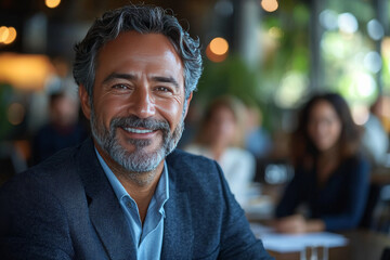 Fototapeta premium Smiling man in a cafe with a warm atmosphere.
