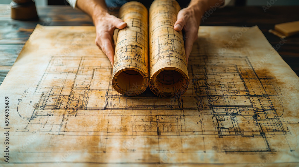 Poster architect rolling up vintage architectural drawings on blueprint paper for storage and transport in 