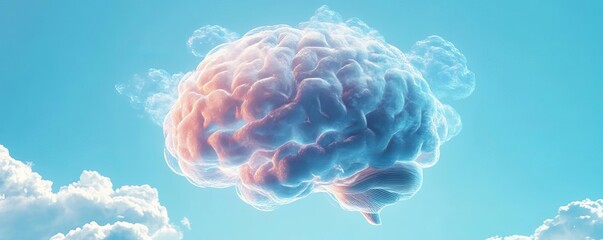 Obraz premium A surreal image of a brain floating among clouds, representing creativity, imagination, and thoughtfulness in a dreamy sky.