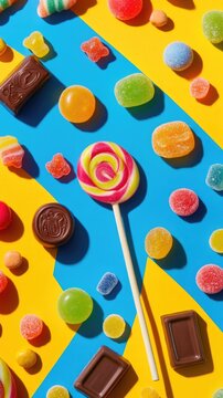 Candy &ndash; Overhead Shot of Colorful Candies Including Lollipops and Gummies on a Vibrant Background