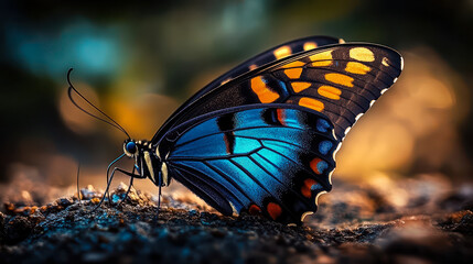 Obraz premium Elegant Blue and Black Butterfly Resting on Ground with Beautiful Bokeh Background in Nature, Perfect for Wildlife and Insect Enthusiasts