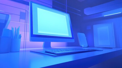 Fototapeta premium A modern workspace featuring a computer and tablet with a futuristic design.