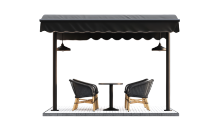 Modern outdoor seating area with stylish chairs and a table under a sleek black awning, perfect for relaxation and gatherings.